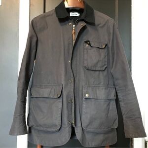 Men's dark gray blue barn work jacket made by Taylor Stitch x Halley Stevensons